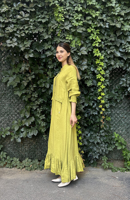 Miss Dalida Büzgü Detaylı Keten Uzun Ceket olive - 2