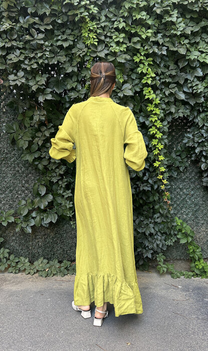 Miss Dalida Büzgü Detaylı Keten Uzun Ceket olive - 3