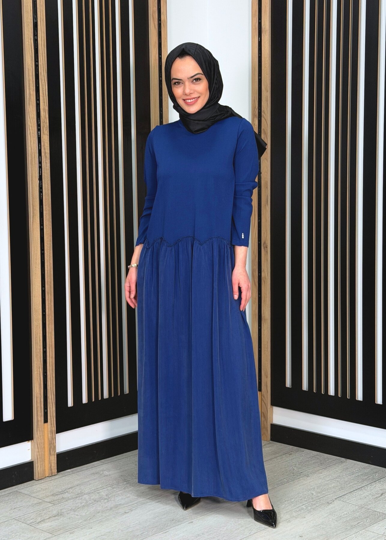 Miss Dalida Büzgü Detaylı Triko Cupro Elbise Navy - 2