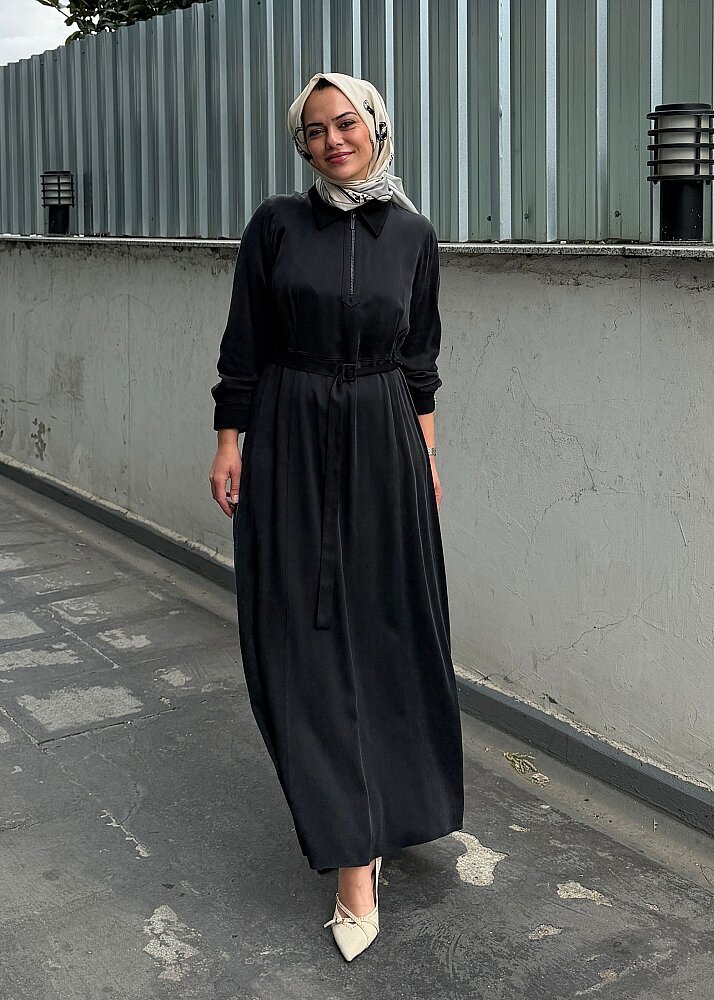 Miss Dalida Cep Kapaklı Gömlek Yaka Uzun Elbise BLACK