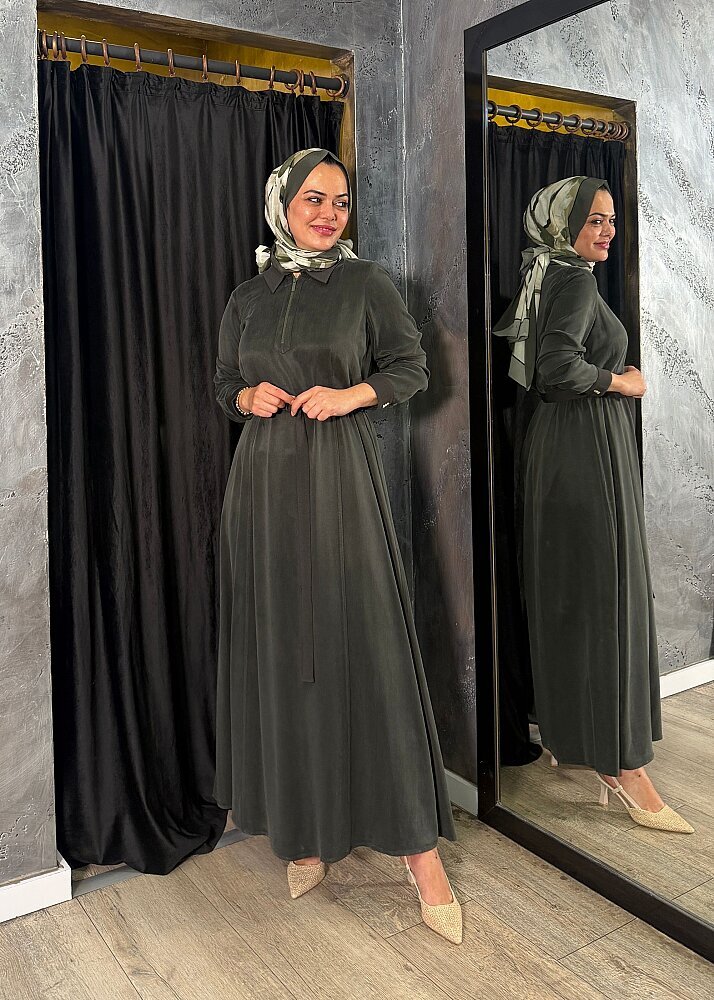 Miss Dalida Cep Kapaklı Gömlek Yaka Uzun Elbise KHAKİ - 2