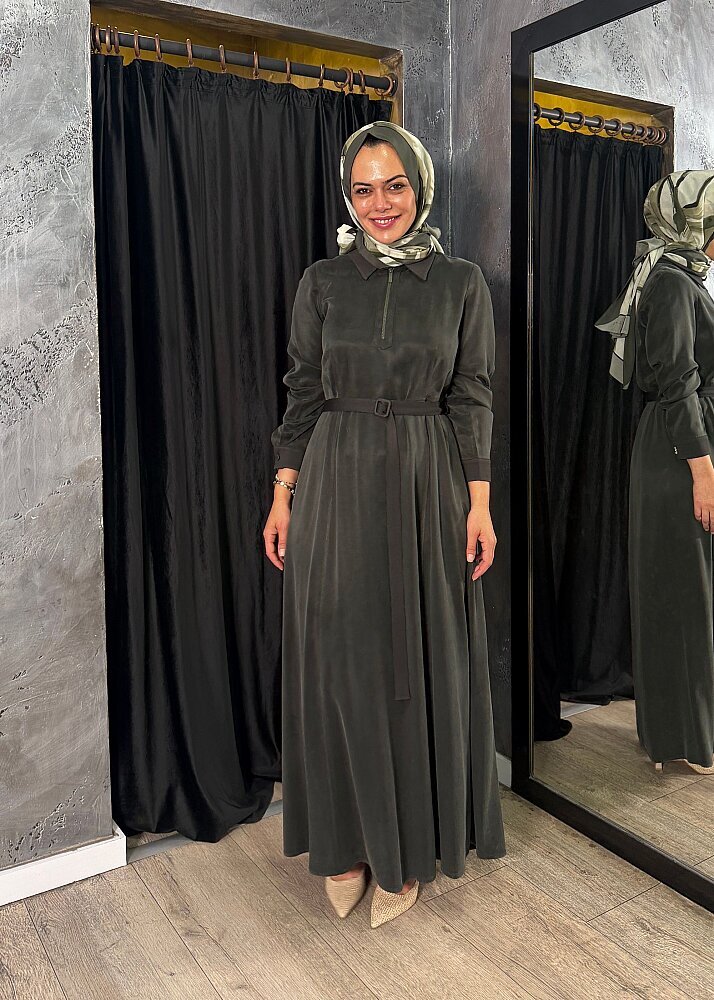 Miss Dalida Cep Kapaklı Gömlek Yaka Uzun Elbise KHAKİ - 3