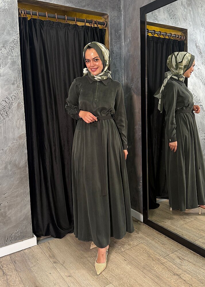 Miss Dalida Cep Kapaklı Gömlek Yaka Uzun Elbise KHAKİ - 4
