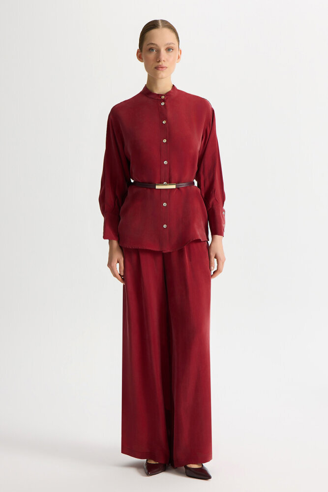 Miss Dalida Cepli Düz Renk Cupro Pantolon Cherry