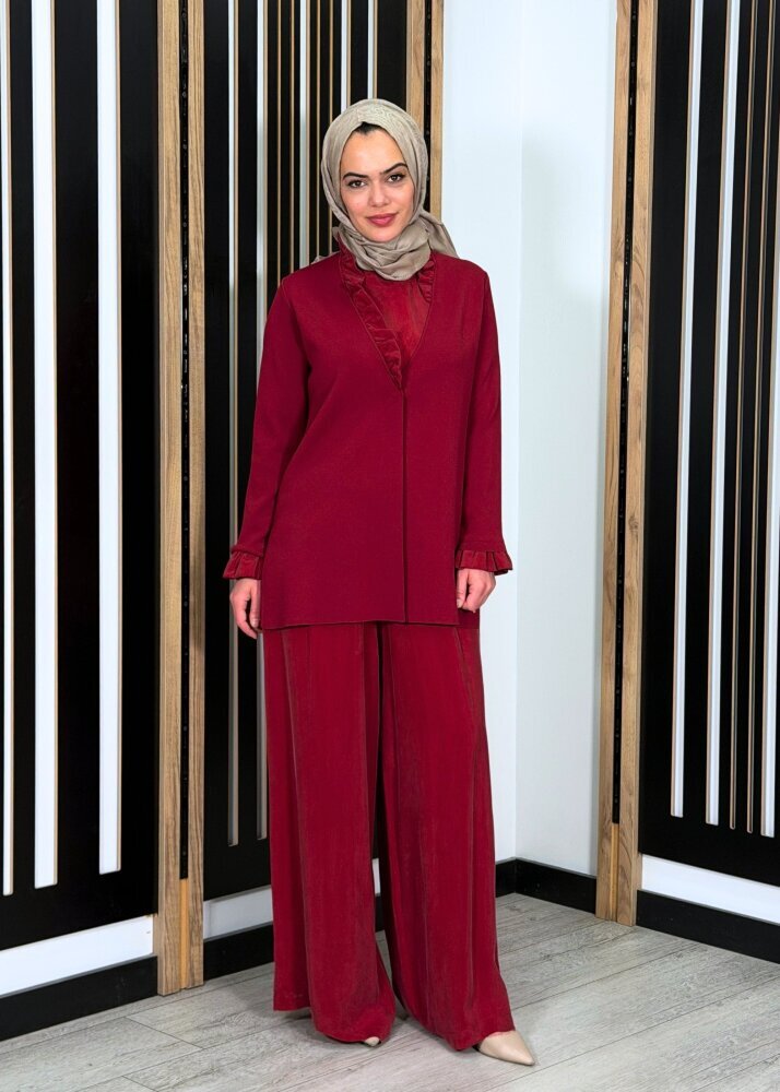 Miss Dalida Cepli Düz Renk Cupro Pantolon Cherry - 2