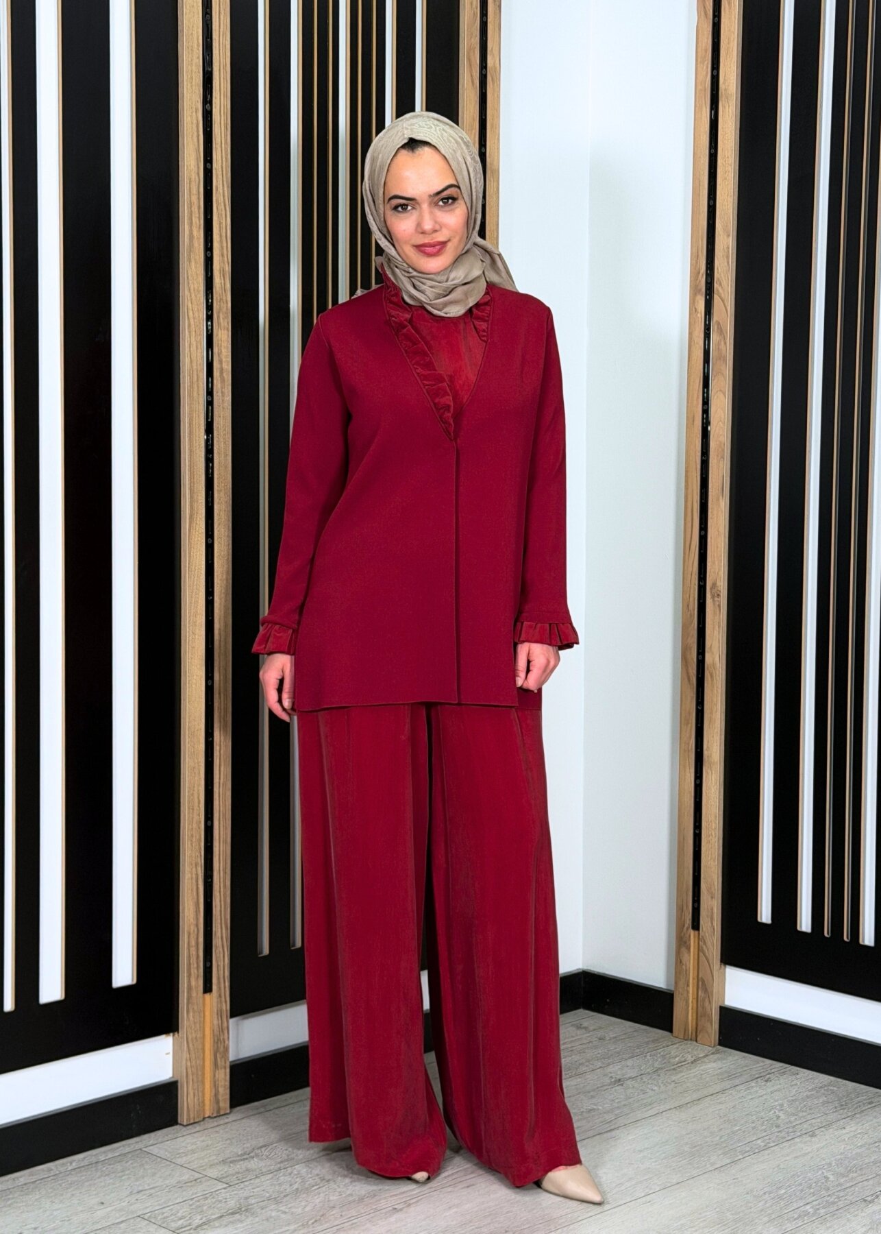 Miss Dalida Cepli Düz Renk Cupro Pantolon Cherry - 2