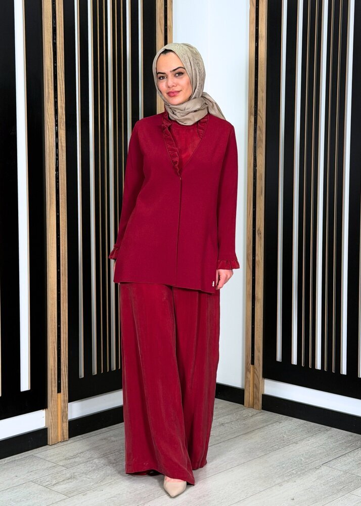 Miss Dalida Cepli Düz Renk Cupro Pantolon Cherry - 3