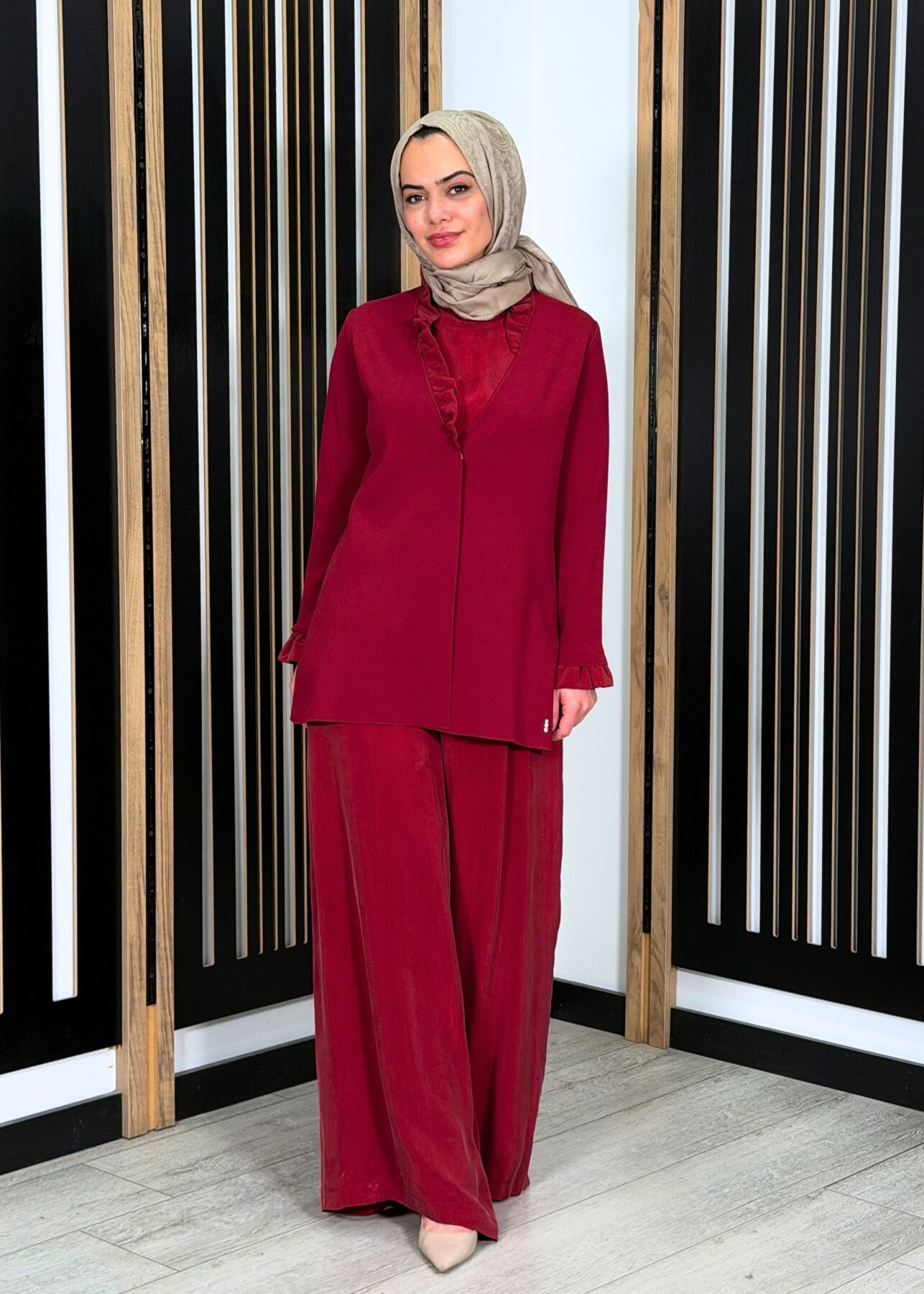 Miss Dalida Cepli Düz Renk Cupro Pantolon Cherry - 3