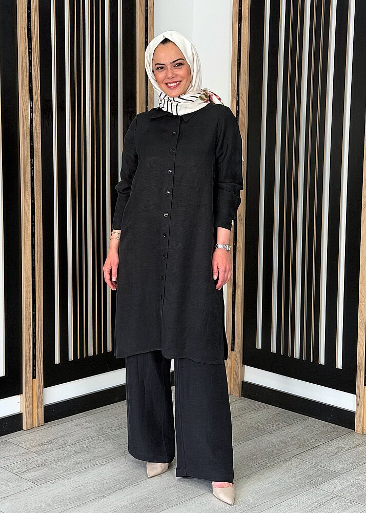 Miss Dalida Cepli İpek Keten Bol Paça Pantolon BLACK (1)