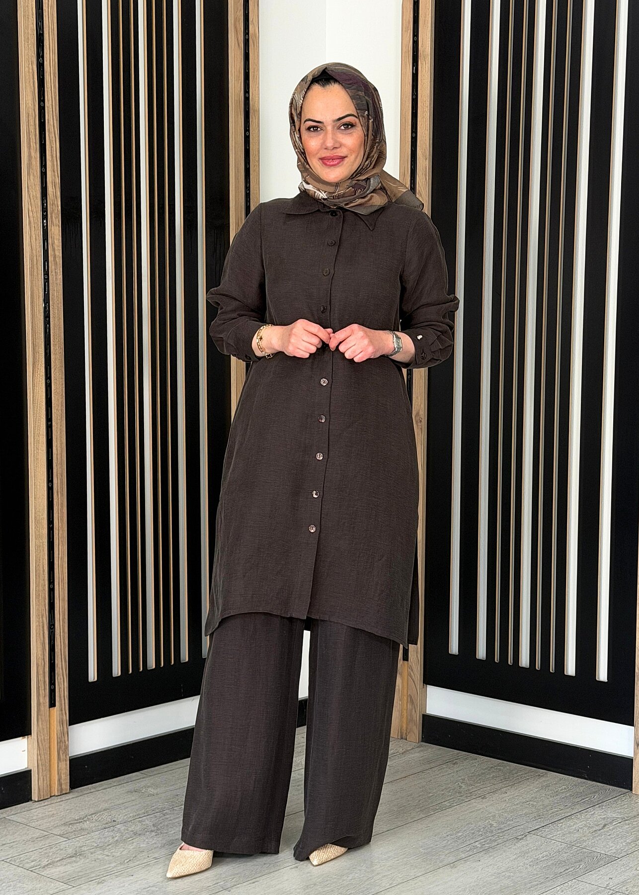 Miss Dalida Cepli İpek Keten Bol Paça Pantolon Cacao - 1