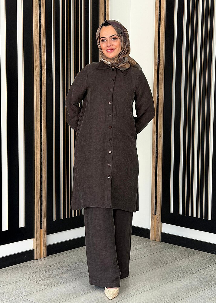 Miss Dalida Cepli İpek Keten Bol Paça Pantolon Cacao - 3