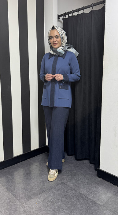 Miss Dalida Denim Detaylı Triko Ceket İNDİGO - 1