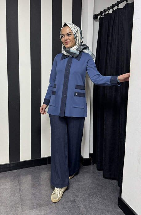 Miss Dalida Denim Detaylı Triko Ceket İNDİGO - 3