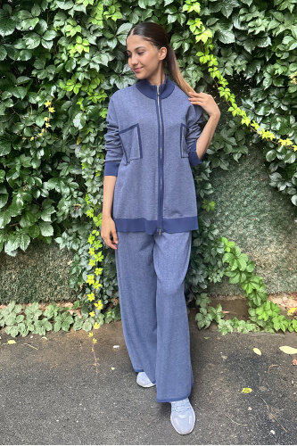 Miss Dalida Dik Yaka Fermuarlı Cepli Triko Ceket İNDİGO - 2