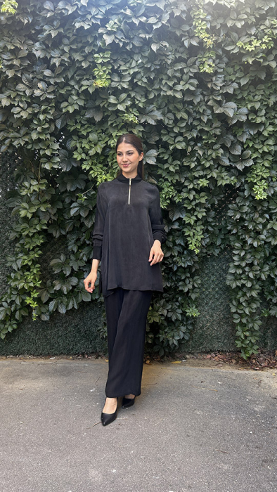 Miss Dalida Dik Yaka Fermuarlı Uzun Kollu Tunik BLACK - 2