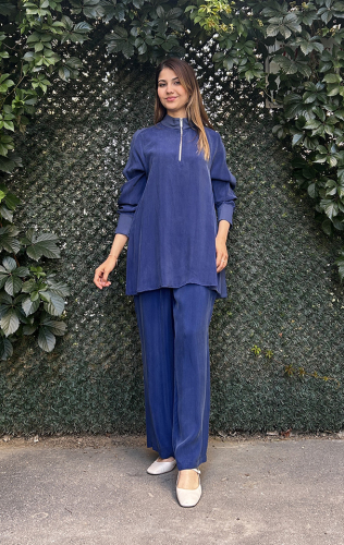 Miss Dalida Dik Yaka Fermuarlı Uzun Kollu Tunik Navy Blue 