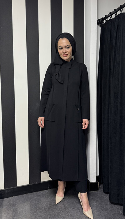 Miss Dalida Dk Yaka Uzun Triko Hırka BLACK - 1