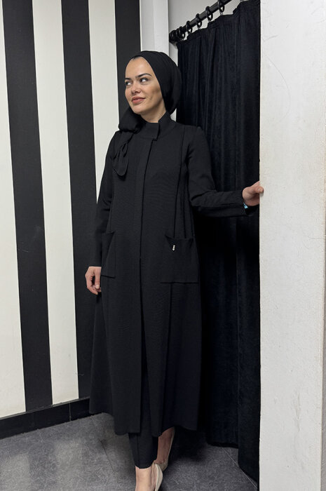 Miss Dalida Dk Yaka Uzun Triko Hırka BLACK - 2