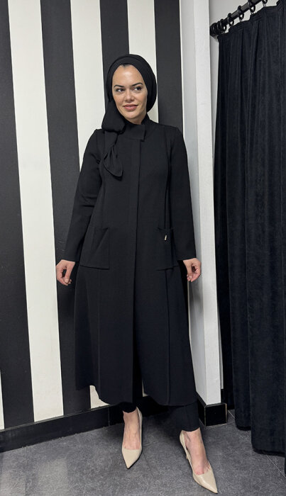 Miss Dalida Dk Yaka Uzun Triko Hırka BLACK - 3