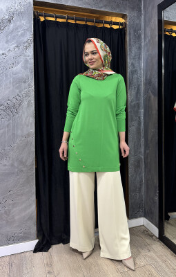 Miss Dalida Düğme Aksesuarlı Basic Tunik GREEN - 1