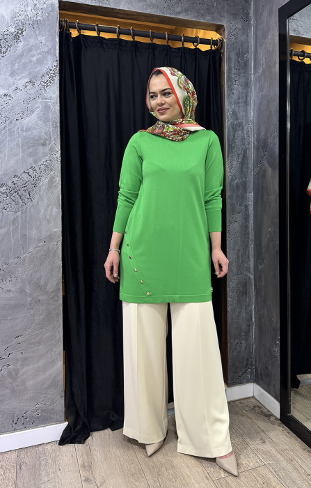 Miss Dalida Düğme Aksesuarlı Basic Tunik GREEN - 1