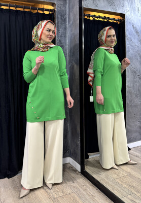 Miss Dalida Düğme Aksesuarlı Basic Tunik GREEN - 2