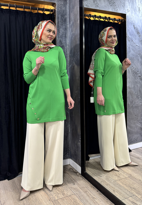Miss Dalida Düğme Aksesuarlı Basic Tunik GREEN - 2