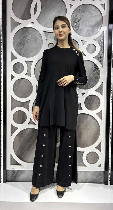 Miss Dalida Düğme Aksesuarlı Bol Paça Triko Pantolon SİYAH - 1