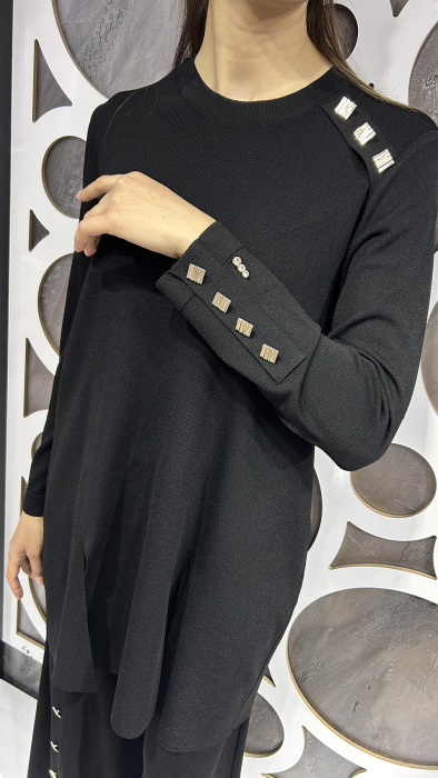 Miss Dalida Düğme Aksesuarlı Düz Renk Triko Tunik BLACK - 3