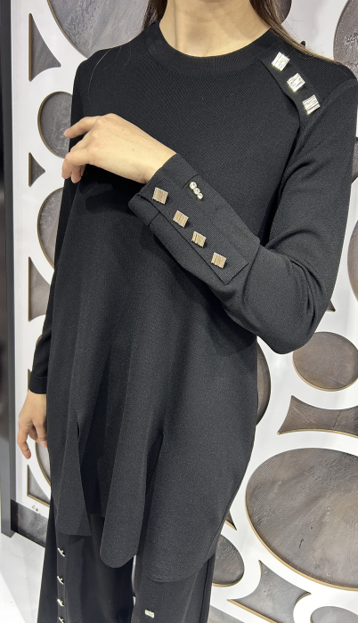Miss Dalida Düğme Aksesuarlı Düz Renk Triko Tunik BLACK - 4