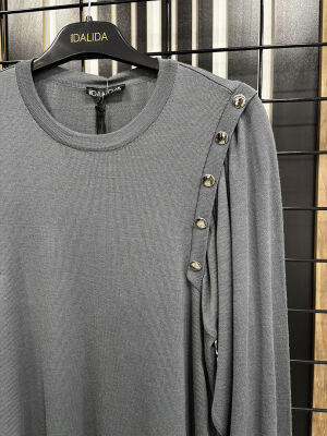 Miss Dalida Düğme Detaylı Balon Kollu Tunik Omera/Dark Grey - 6