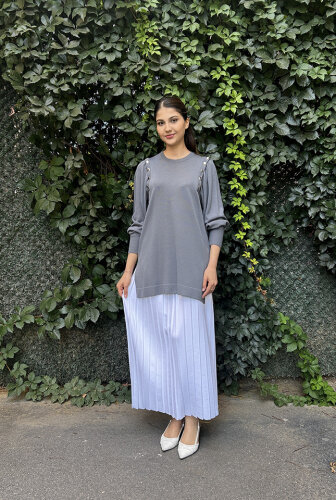 Miss Dalida Düğme Detaylı Balon Kollu Tunik Omera/Dark Grey