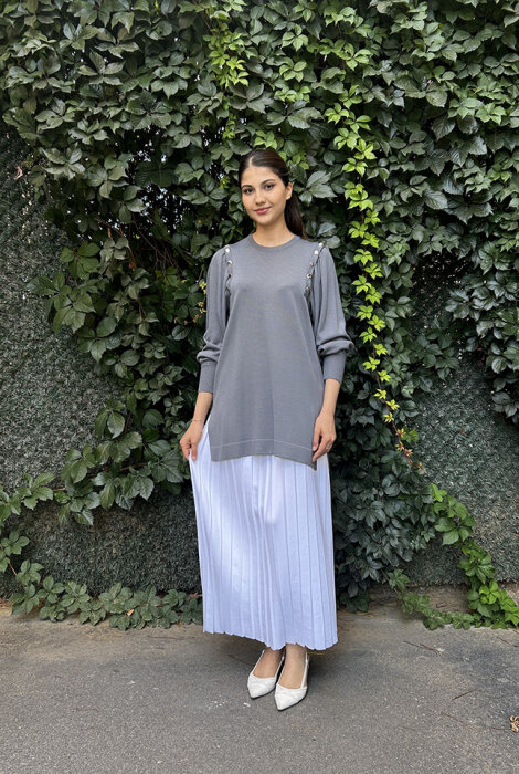 Miss Dalida Düğme Detaylı Balon Kollu Tunik Omera/Dark Grey - 1