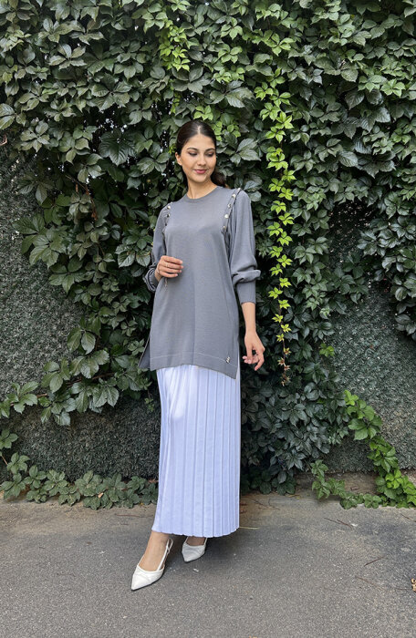 Miss Dalida Düğme Detaylı Balon Kollu Tunik Omera/Dark Grey - 2