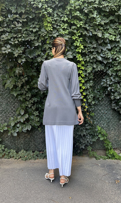 Miss Dalida Düğme Detaylı Balon Kollu Tunik Omera/Dark Grey - 5