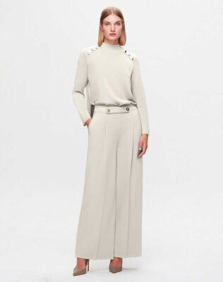 Miss Dalida Düğme Detaylı Bol Paça Pantolon Fede/Ecru - 1