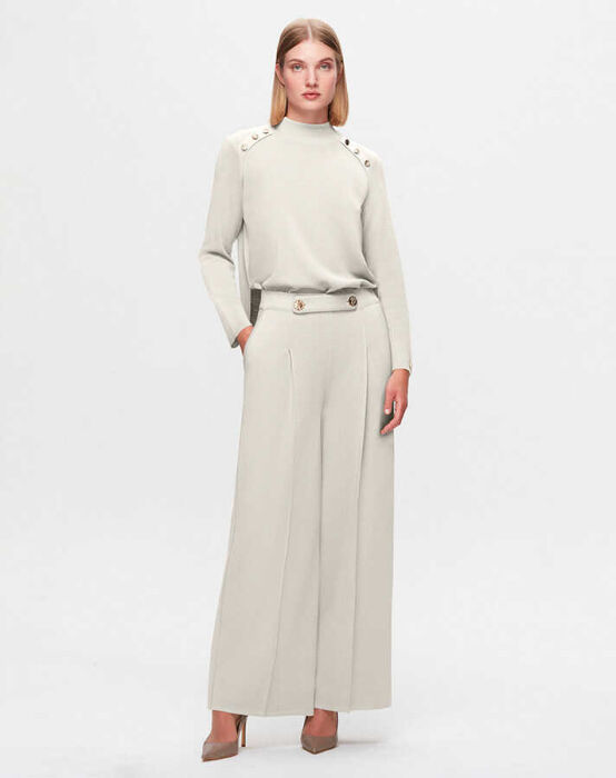 Miss Dalida Düğme Detaylı Bol Paça Pantolon Fede/Ecru - 1