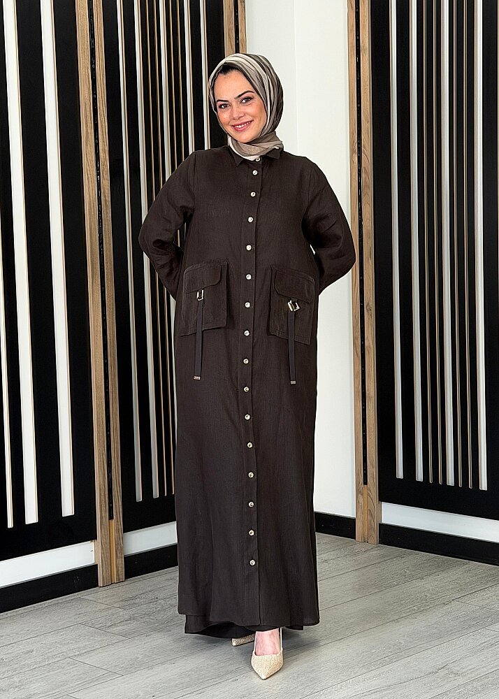 Miss Dalida Düğmeli Uzun Keten Kap Cacao - 2