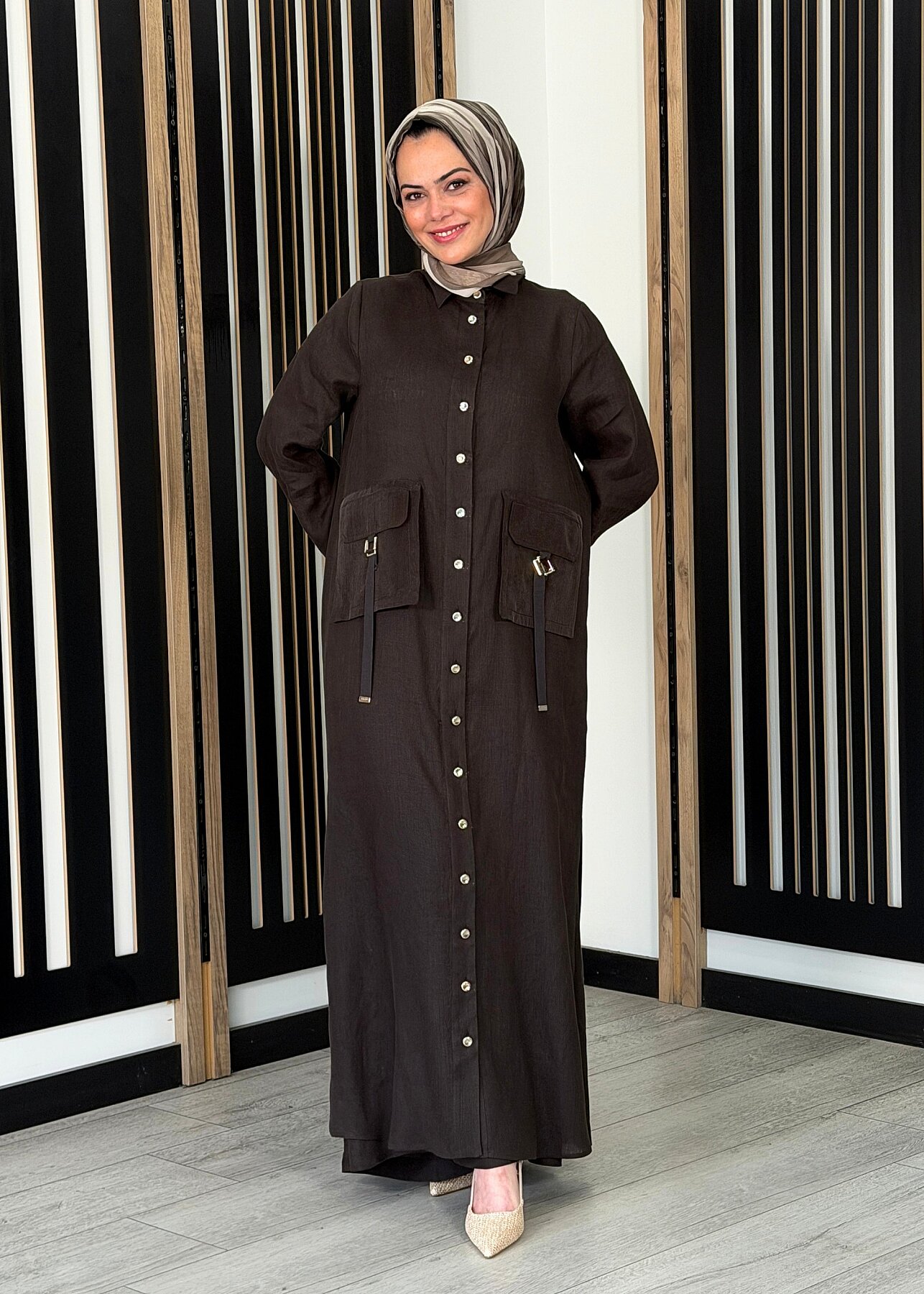 Miss Dalida Düğmeli Uzun Keten Kap Cacao - 2