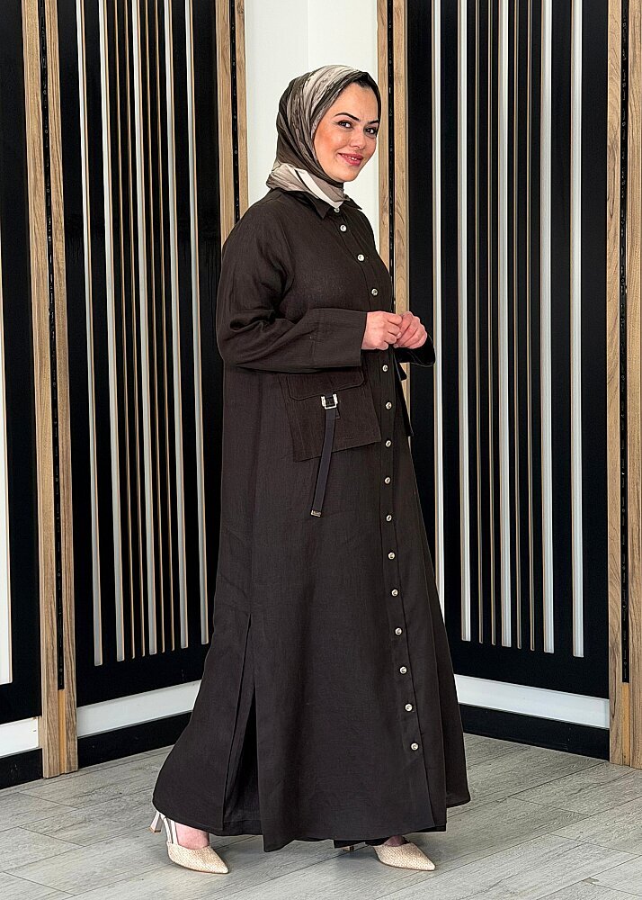 Miss Dalida Düğmeli Uzun Keten Kap Cacao - 3