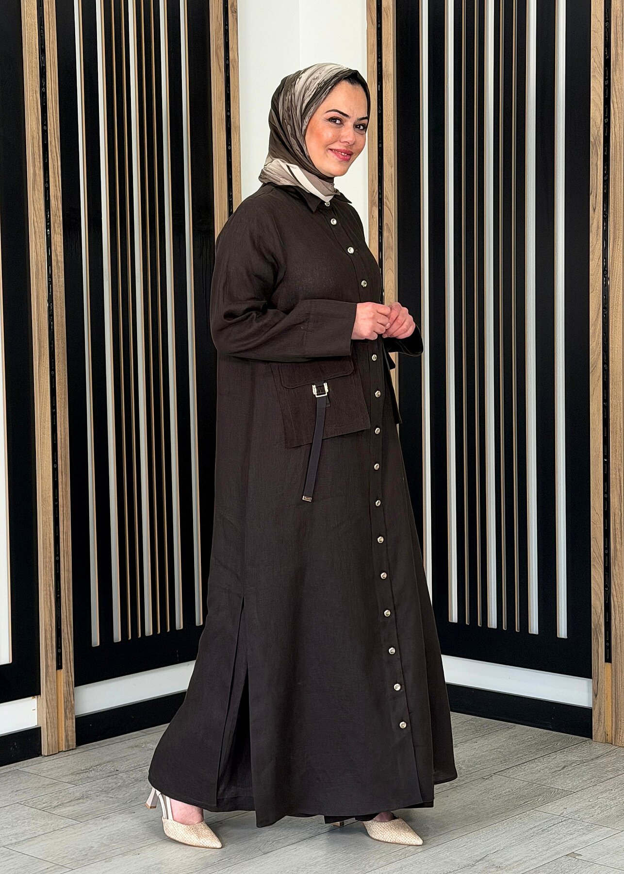 Miss Dalida Düğmeli Uzun Keten Kap Cacao - 3