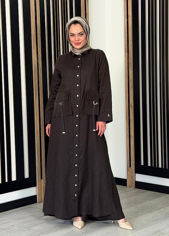 Miss Dalida Düğmeli Uzun Keten Kap Cacao