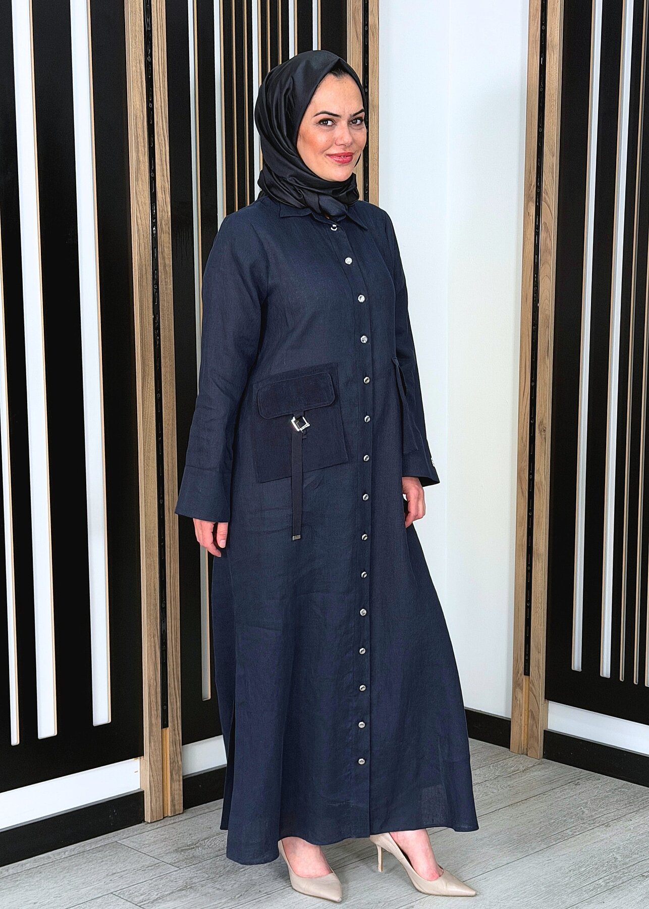 Miss Dalida Düğmeli Uzun Keten Kap Dark Navy - 1