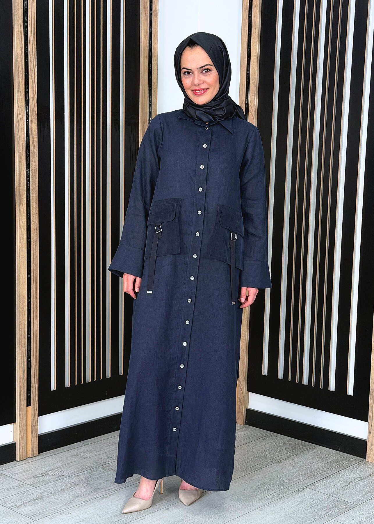 Miss Dalida Düğmeli Uzun Keten Kap Dark Navy - 2