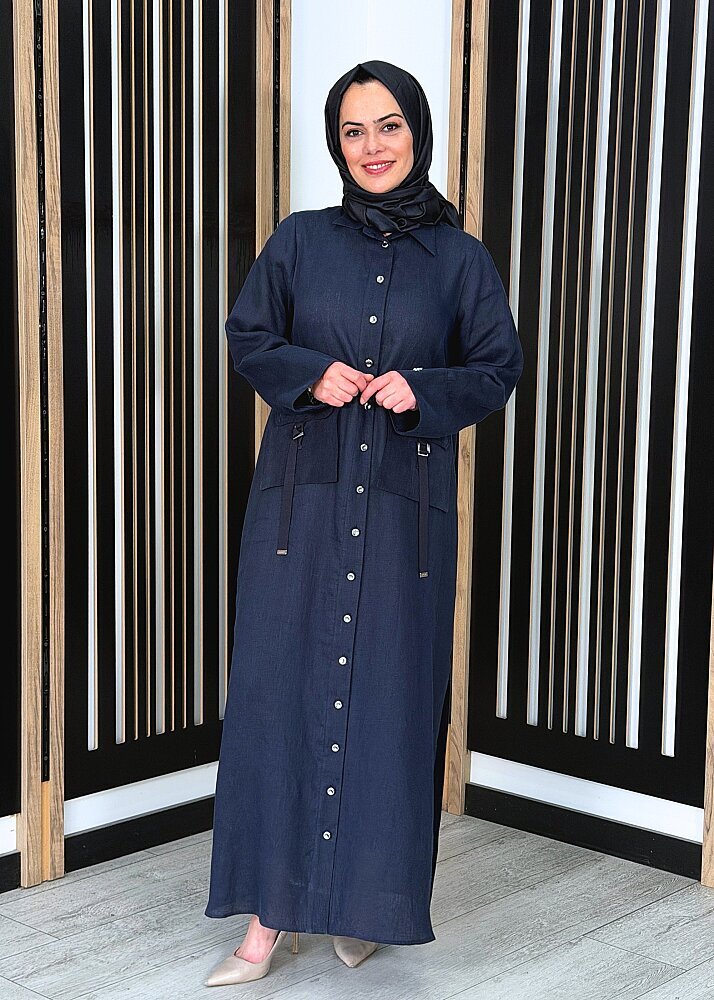 Miss Dalida Düğmeli Uzun Keten Kap Dark Navy - 3
