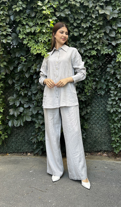 Miss Dalida Düz Renk Bol Paça Keten Pantolon GREY - 2
