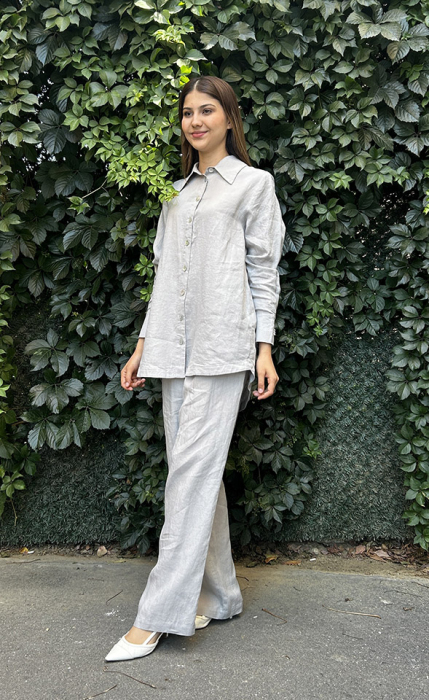Miss Dalida Düz Renk Bol Paça Keten Pantolon GREY - 3