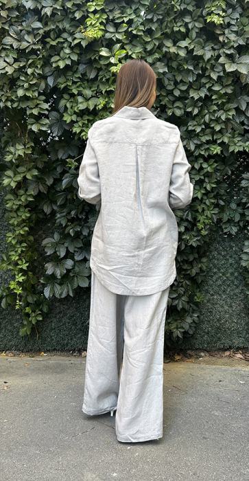 Miss Dalida Düz Renk Bol Paça Keten Pantolon GREY - 4