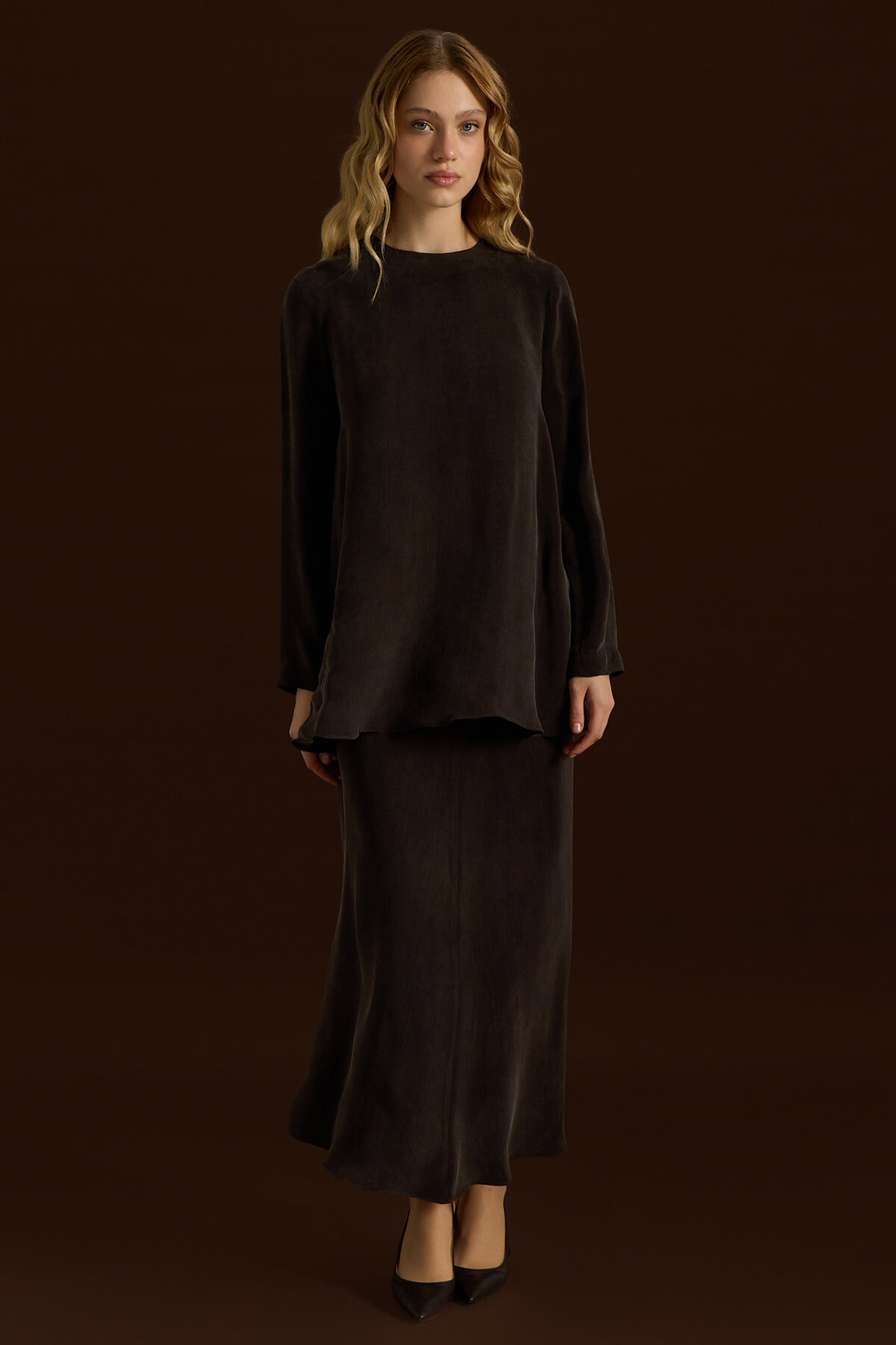 Miss Dalida Düz Renk Cupro Etek Cacao - 1