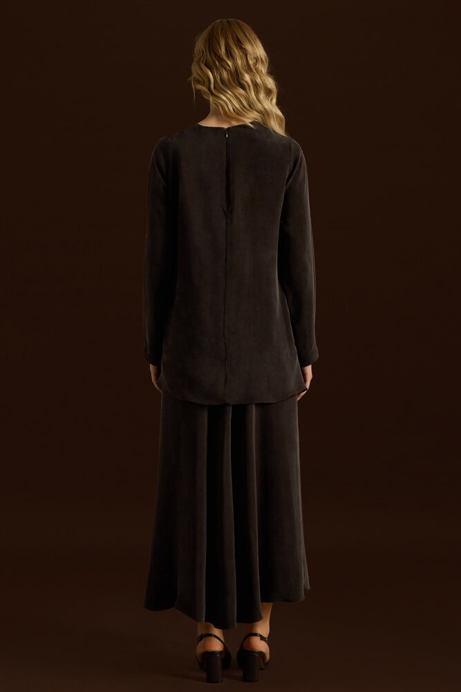 Miss Dalida Düz Renk Cupro Etek Cacao - 2